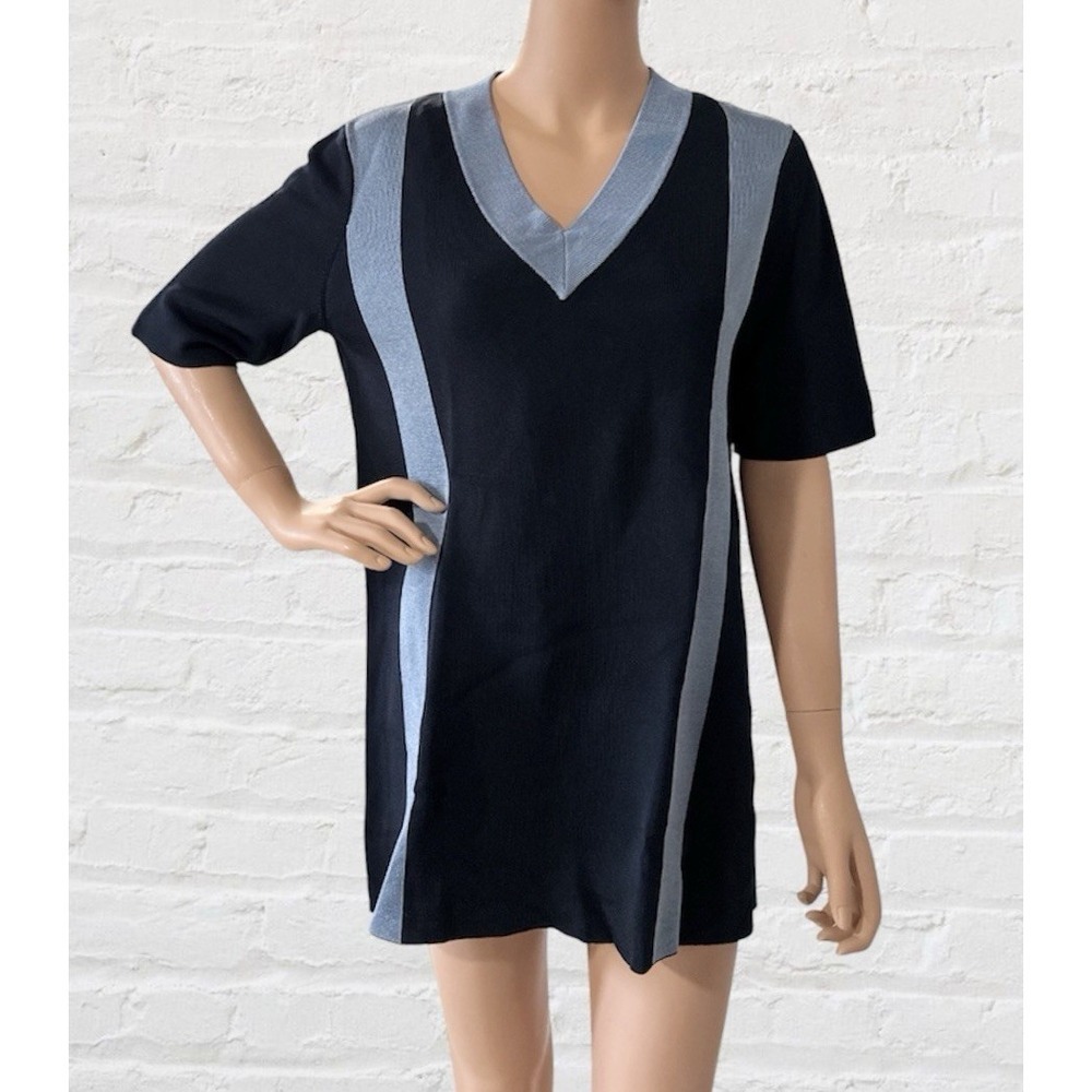 Cos Tunic Blouse Womens M Stretch Knit Blue Color Block Deep V Neck Short Sleeve